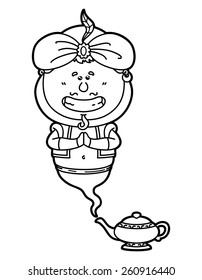 funny Genie. Vector illustration coloring page of happy cartoon Genie and his magic lamp for children and scrap book