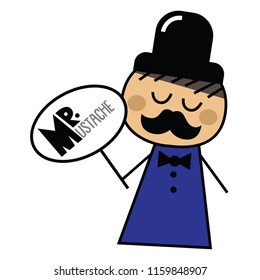 A funny gentleman with mustache wearing a black hat and a bow, holding a placard with hand lettering phrase for Prostate cancer awareness event. Vector design for card, poster or banner.