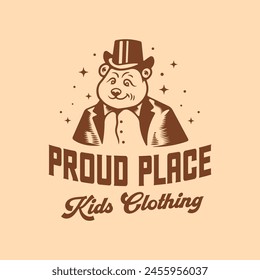 Funny gentlemen bear in suit wearing hat kids retro logo