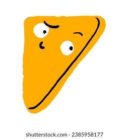 Funny geometric character with three angles. Geometry shape, form emoji with happy face. Cute triangle figure. Kids sticker in doodle style smile. Flat isolated vector illustration on white background