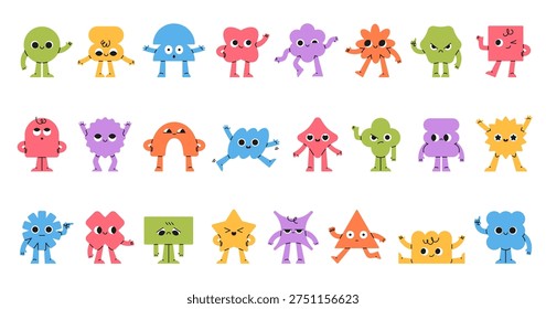 Funny geometric characters. Comic abstract mascots, smiling faces, hands and feet, different simple playful shapes, poses, emotion or expression, creative graphic classy vector cartoon isolated set