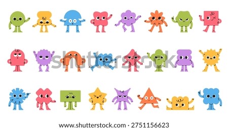 Funny geometric characters. Comic abstract mascots, smiling faces, hands and feet, different simple playful shapes, poses, emotion or expression, creative graphic classy vector cartoon isolated set