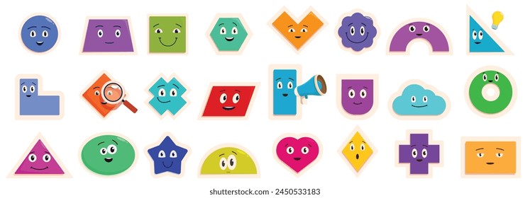 Funny geometric characters icons set cartoon vector. Comic creature. Avatar shapes