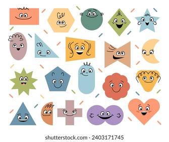 Caracteres geométricos divertidos con sonrisa y caras. Figura abstracta vectorial aislada, rectángulos y círculo, estrella y luna creciente. Composición con personalidad oval y cruzada, oval y de corazón