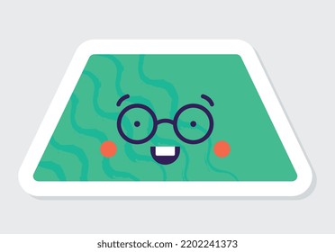 Funny Geometric Figure concept. Sticker with smart positive trapezoid character with glasses. Design element for educational book. Cartoon flat vector illustration isolated on gray background