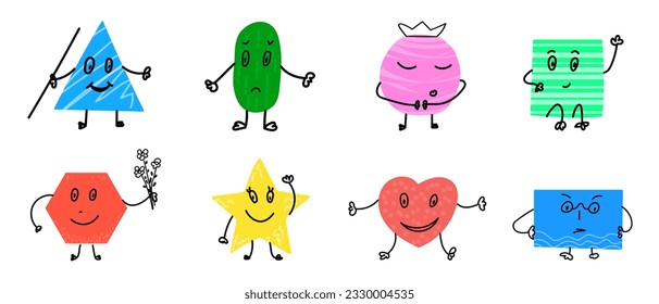 Funny geometric figures. Cute educational illustrations. Childish patterned color emoji characters.