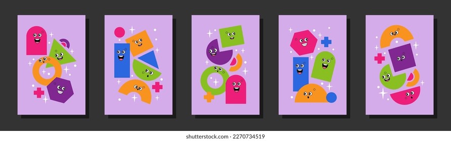 Funny geometric figures set, colorful shapes with emotions, emoji characters. Geometry posters for school, education ideas for math. Modern childish background. Vector cartoon tidy banners