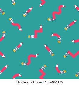 Funny geometric pencils seamless vector pattern. Bright memphis style repeating print. Cute red zig-zag, wavy, curved pencils on turquoise background. Perfect for school themed items.