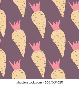 Funny geometric radish root seamless pattern. Turnip wallpaper in doodle style. Design for fabric, textile print, wrapping paper, kitchen textiles. Vector illustration