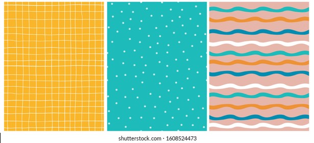 Funny Geometric Seamless Vector Patterns. Simple White, Orange and Blue Waves Print. Cute Hand Drawn Abstract Flowers on a Turquoise Background. White Tiny Grid Isolated on a Warm Yellow Layout. 