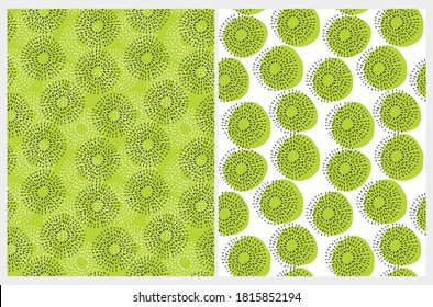 Funny Geometric Seamless Vector Patterns. Yellow Dots and Black Spots on a White Background. White and Black Freehand Scribbles on a Yellow Backdrop. Abstract Irregular Kiwi Print.