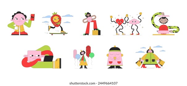 Funny geometric shape people 2D linear illustration concepts set. Cute retro cartoon characters isolated on white. Mascot geometry figures metaphor abstract flat vector outline graphic collection