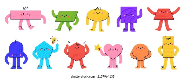 Funny geometric shapes characters with different emotions, kids education elements. Square and circle character for preschool learning, colorful basic figures with cute faces vector set