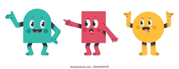 Funny geometric shapes. Comic geometric figures, abstract characters with different emotions flat vector illustration set. Cute mascots with funny faces