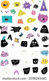 Funny Geometric Shapes with Faces Vector Illustration.