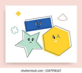 Funny geometric shapes. Yellow hexagon, blue rectangle and green star. Stickers for childrens notebooks. Poster or banner for website, cover. Training and education. Cartoon flat vector illustration
