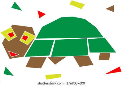 Funny geometric turtle in the children's applique style. Restricted color palette, vector illustration.