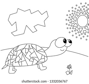 Funny geometric turtle on the summer glade. Coloring book for kids. Digital illustration