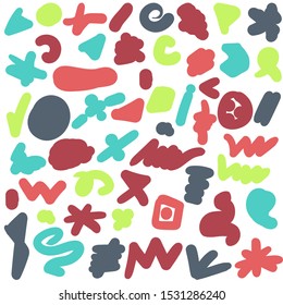 Funny Geometrical Multicolored Symbols Pattern. Textile Doodle Grunge Universal Texture Figures. Different Hand Drawn Shapes and Paint Objects for Postcard Invitation Template Flat Illustration