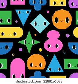 Funny geometry black seamless pattern. Cute abstract shapes with emotions. Happy faces. Cute hand drawn flat cartoon characters texture for kids. Vector vibrant colorful background. Playful surface