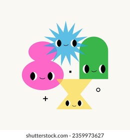 Funny geometry composition: banner, poster, card. Cute abstract shapes with emotions. Happy kawaii faces. Cute hand drawn flat elements for kid goods. Vector vibrant colorful cartoon characters
