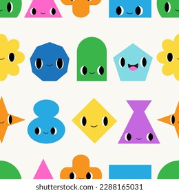 Funny geometry seamless pattern. Cute abstract shapes with emotions. Happy faces. Cute hand drawn flat cartoon characters texture for kids. Vector vibrant colorful background. Playful surface