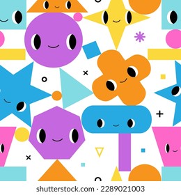 Funny geometry seamless pattern. Cute abstract shapes with emotions. Happy faces. Cute hand drawn flat cartoon characters texture for kids. Vector vibrant colorful background. Playful surface
