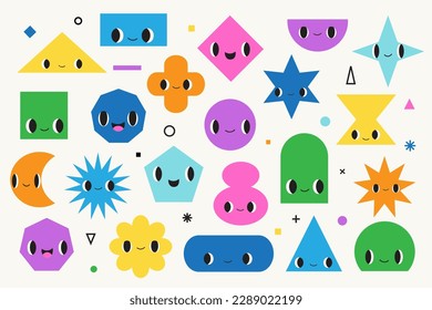 Funny geometry set. Cute abstract shapes with emotions. Happy faces. Cute hand drawn flat elements. concept for kids goods. Vector vibrant colorful collection. Playful cartoon characters