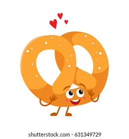 Funny German pretzel character with smiling human face, cartoon vector illustration isolated on a white background. Soft and crispy pretzel character with smiling face, traditional Oktoberfest food