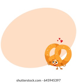 Funny German pretzel character with smiling human face, cartoon vector illustration with space for text. Soft and crispy pretzel character with smiling face, traditional Oktoberfest food