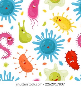 Funny Germs and Bacteria with Cute Face Seamless Pattern Vector Template