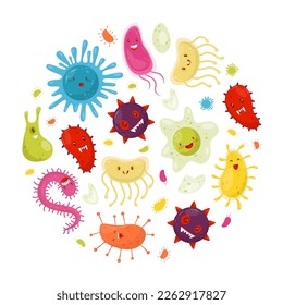 Funny Germs and Bacteria with Cute Face Round Composition Vector Template