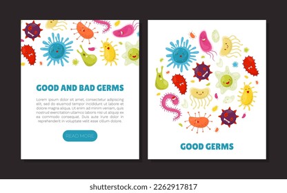 Funny Germs Banner Design with Good and Bad Bacteria with Cute Face Vector Template