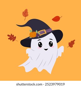 Funny ghost with autumn leaves. Ghost in a witch hat with a pumpkin on a coloured background. Halloween character. Vector flat illustration in hand drawn style.