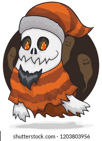 Funny ghost bearded, disguised like Santa with ragged robes, but with characteristic Halloween colors and fire in its eyes and other spirits in the background.