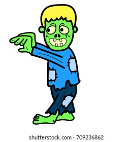 Funny ghost cartoon boy yellow hair green body funky art old blue shirt dark blue pants wallpaper Halloween wallpaper design concept 
