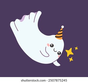 Funny ghost catching stars flat color vector illustration. Playful little monster in night sky Halloween character on purple background