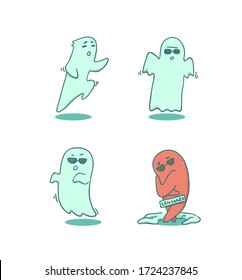Gracioso personaje fantasma. Actividades fantasmas sobre fondo blanco. Ilustración infantil para la estampación de camisetas, estacionario. Juego de etiquetas de fantasmas.