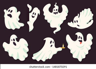 Funny ghost character collection in different poses. White flying spooky halloween ghost silhouette isolated on dark background. Scary ghostly monster. Traditional festive element for your design.