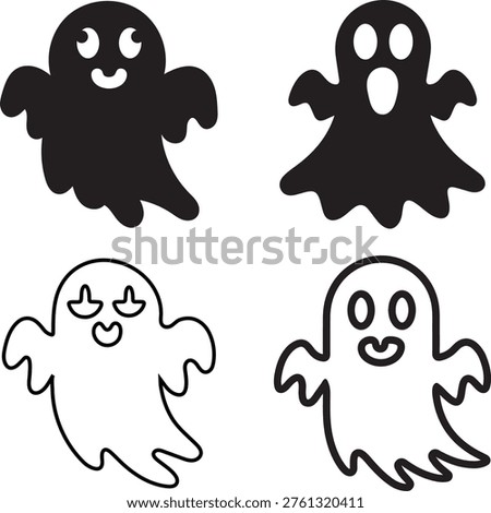 Funny ghost characters black white silhouette halloween icon set design