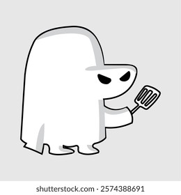 Funny ghost chef character holding a spatula in a simple black-and-white cartoon style. A quirky and playful vector illustration perfect for stickers, logos, mascots, and creative design projects