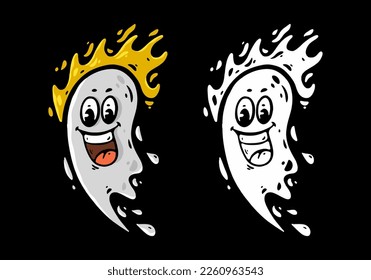 Funny ghost digital hand drawing design with fire flames