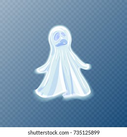 Funny ghost figure with ridiculous confused face for Halloween party isolated cartoon flat vector illustration on transparent background.