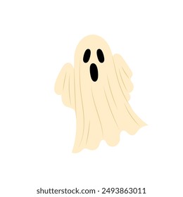 Funny ghost in flat style. Halloween decor for cards, poster, background, invitation. Spooky spirit flying at holiday night and playfully frighten.