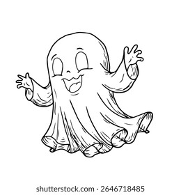 Funny ghost flying, black and white ink sketch. Vector illustration. A smiling ghost, isolated on a white background. Halloween theme, children's books, postcards, textiles and children's books