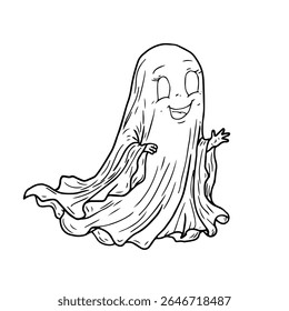 Funny ghost flying, black and white ink sketch. Vector illustration. A smiling ghost, isolated on a white background. Halloween theme, children's books, postcards, textiles and children's books