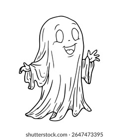 Funny ghost flying, black and white ink sketch. Vector illustration. A smiling ghost, isolated on a white background. Halloween theme, children's books, postcards, textiles and children's books