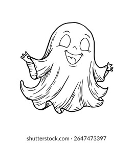 Funny ghost flying, black and white ink sketch. Vector illustration. A smiling ghost, isolated on a white background. Halloween theme, children's books, postcards, textiles and children's books