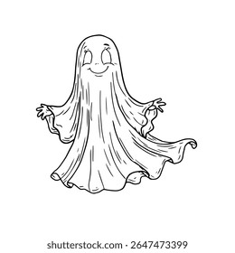 Funny ghost flying, black and white ink sketch. Vector illustration. A smiling ghost, isolated on a white background. Halloween theme, children's books, postcards, textiles and children's books