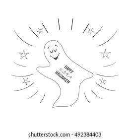 Funny ghost flying. Halloween card. Hand Drawn design element. 